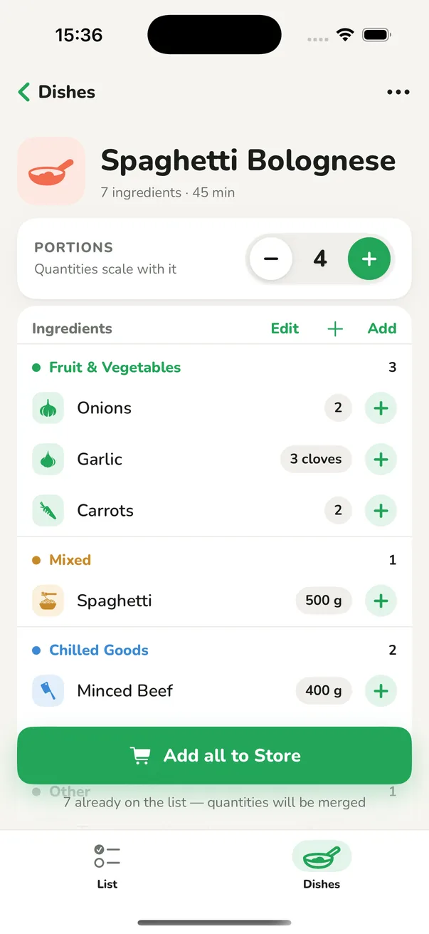 The Dishes screen of the sAssist app with saved dishes and their ingredients.