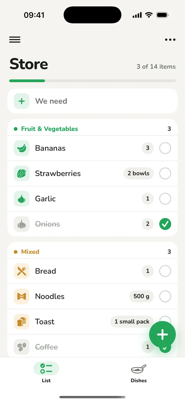 The sAssist app on an iPhone: a shopping list sorted by categories such as Fruit & Vegetables.